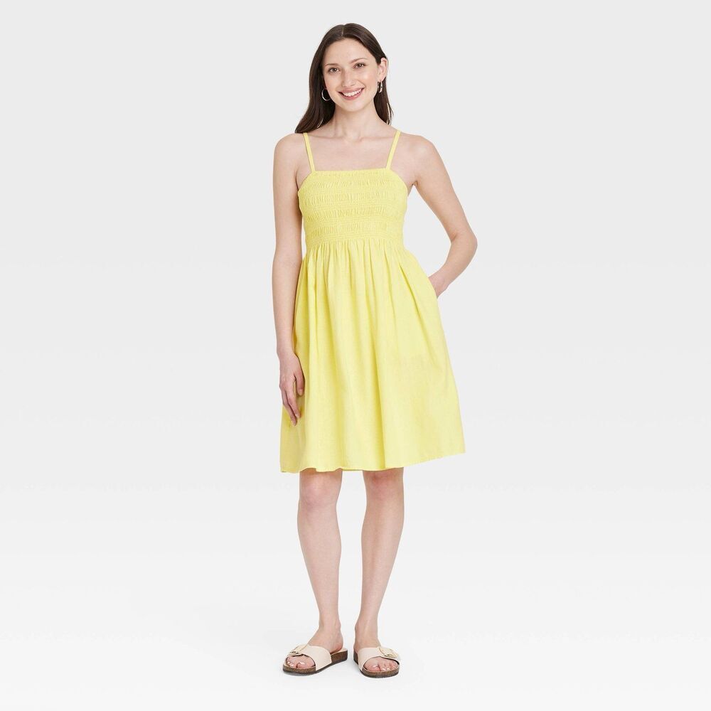 Universal Thread Smocked Mini Dress Fit Flare Adjustable Strap Yellow M